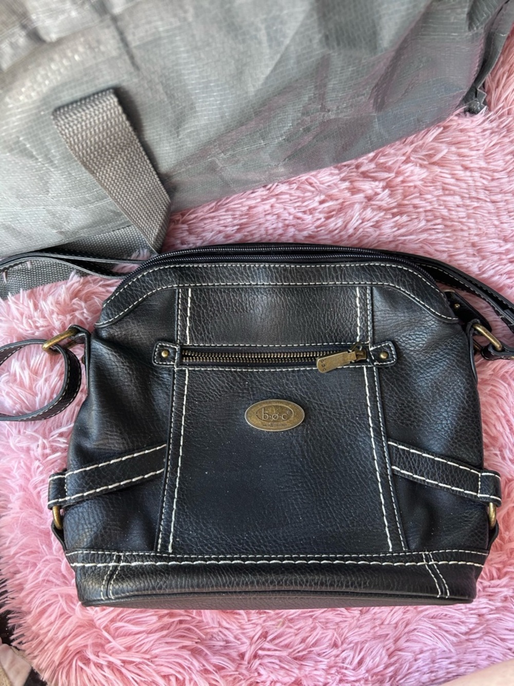 b.o.c. Black Pebbled Leather Crossbody with Brass Logo